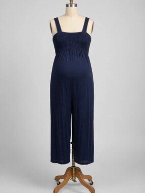 Hello Mia Navy Maternity Jumpsuit Wide Strap Smocked Wide Leg Size L